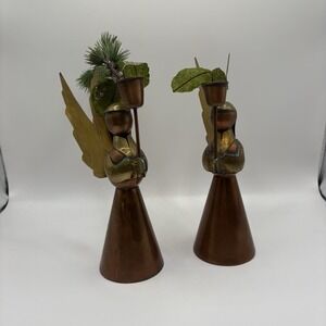 2 Vintage Copper & Brass Angel Taper Candleholders Greenery Added 7"